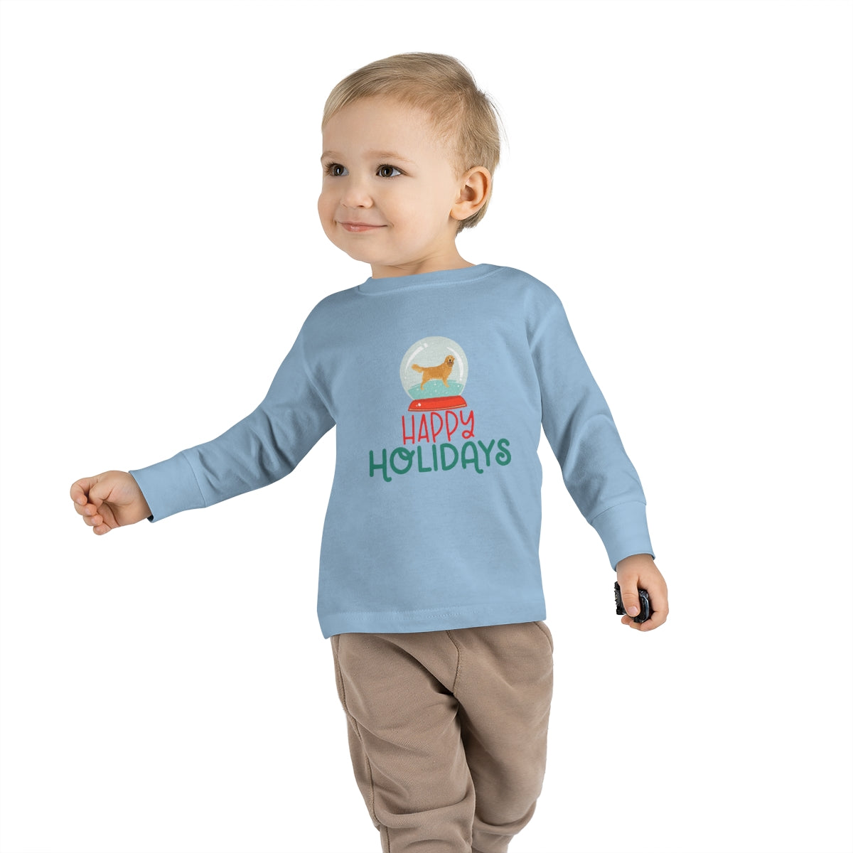 Happy Holidays Golden Retriever Toddler Long Sleeve Tee; Merry Christmas Dog shirt; Dog in a Snowglobe; Golden Retriever shirt