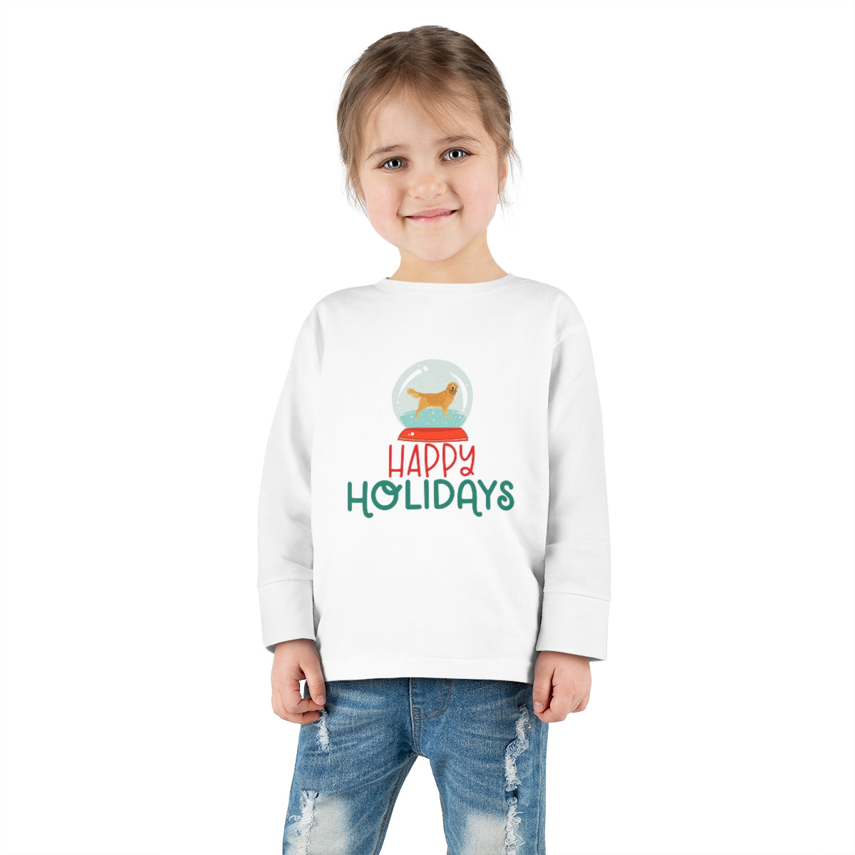 Happy Holidays Golden Retriever Toddler Long Sleeve Tee; Merry Christmas Dog shirt; Dog in a Snowglobe; Golden Retriever shirt