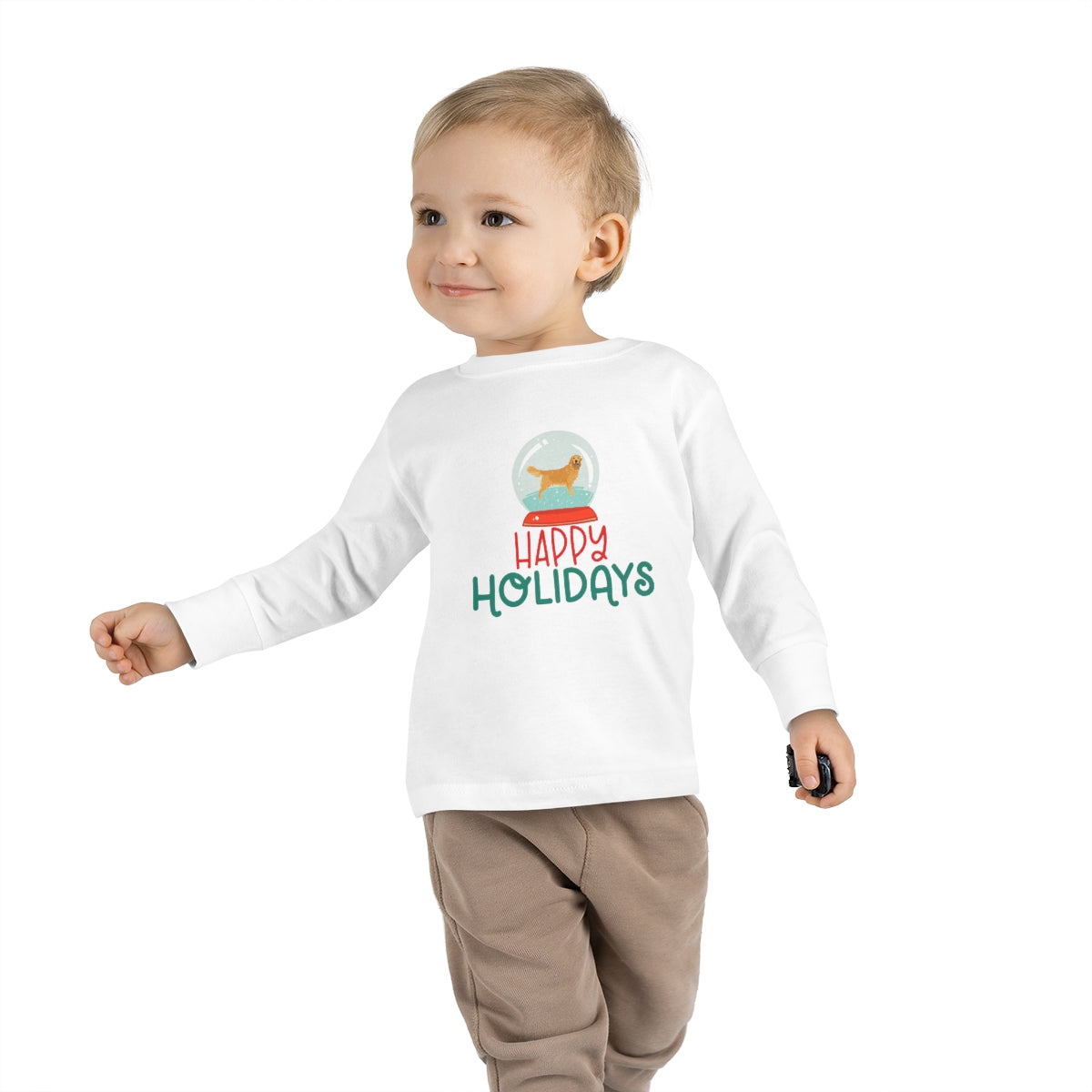Happy Holidays Golden Retriever Toddler Long Sleeve Tee; Merry Christmas Dog shirt; Dog in a Snowglobe; Golden Retriever shirt