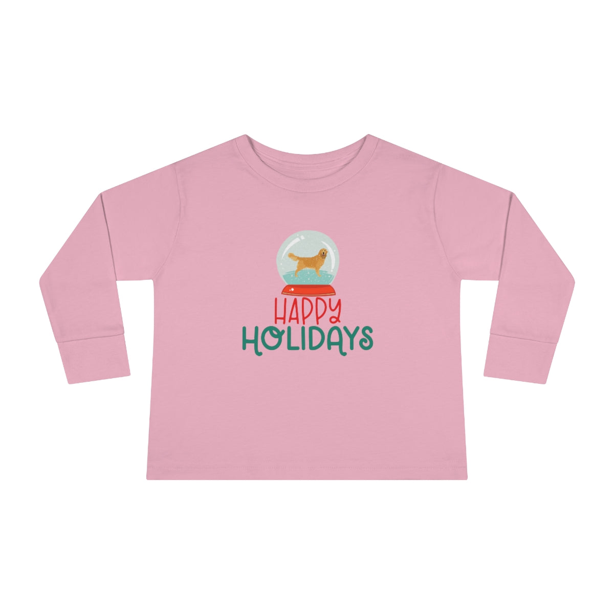 Happy Holidays Golden Retriever Toddler Long Sleeve Tee; Merry Christmas Dog shirt; Dog in a Snowglobe; Golden Retriever shirt