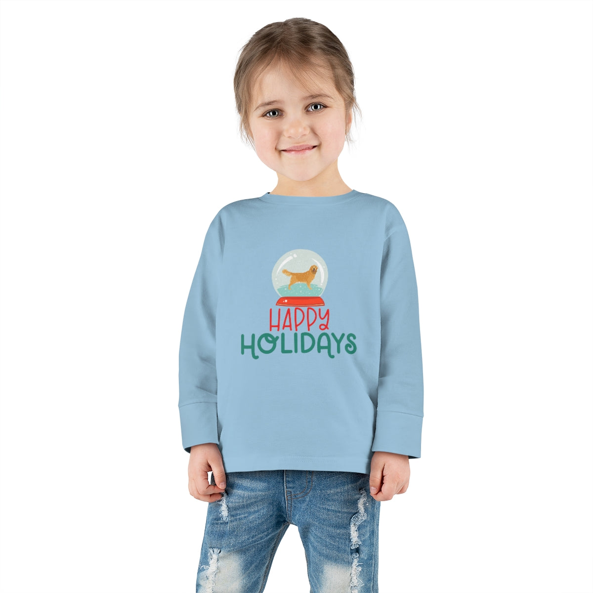 Happy Holidays Golden Retriever Toddler Long Sleeve Tee; Merry Christmas Dog shirt; Dog in a Snowglobe; Golden Retriever shirt