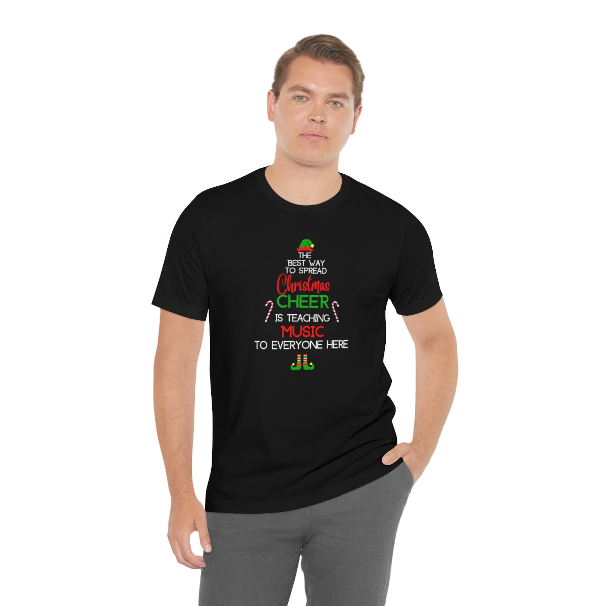 Spread Christmas Cheer Teacher TShirt for MUSIC TEACHERS; Unisex Jersey Short Sleeve Tee