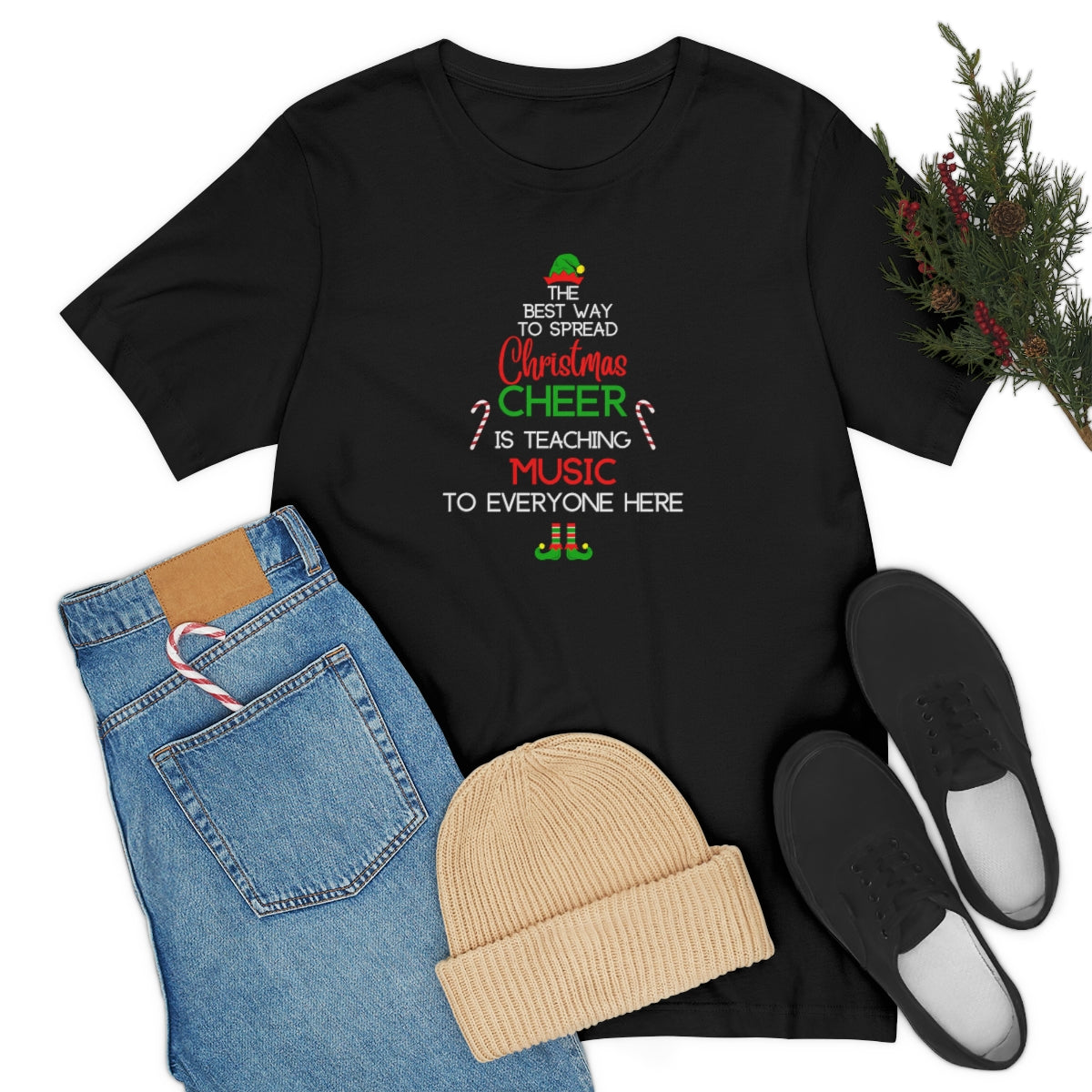 Spread Christmas Cheer Teacher TShirt for MUSIC TEACHERS; Unisex Jersey Short Sleeve Tee