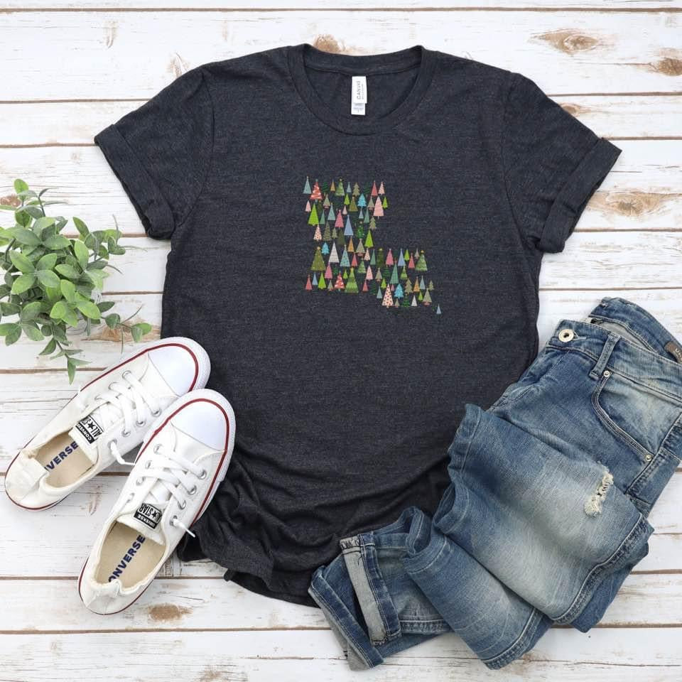 Louisiana Christmas T-Shirt; Louisiana Christmas trees; Louisiana Holiday Shirt; Holiday Tree Shirt; Bella Canvas Jersey Short Sleeve Tee